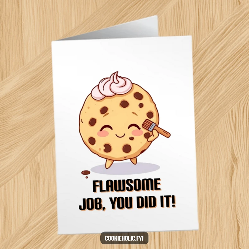 Funny Free Printable Congratulations Card: Cookie Character Smiling While Brushing Frosting Off After a Slight Trip