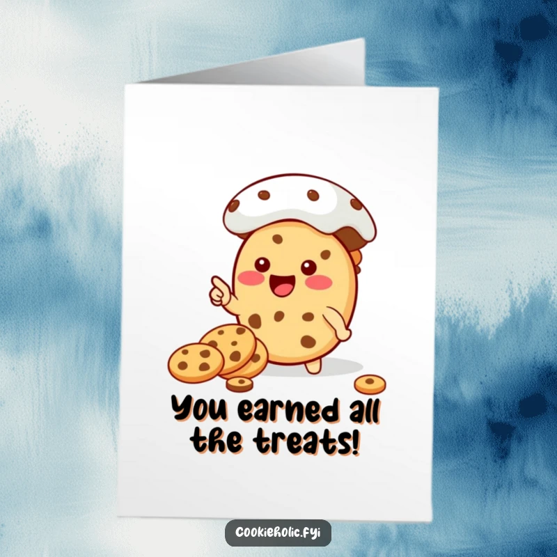 Funny free printable congratulations card of a kawaii cookie character pointing enthusiastically at a massive, tempting cookie jar.