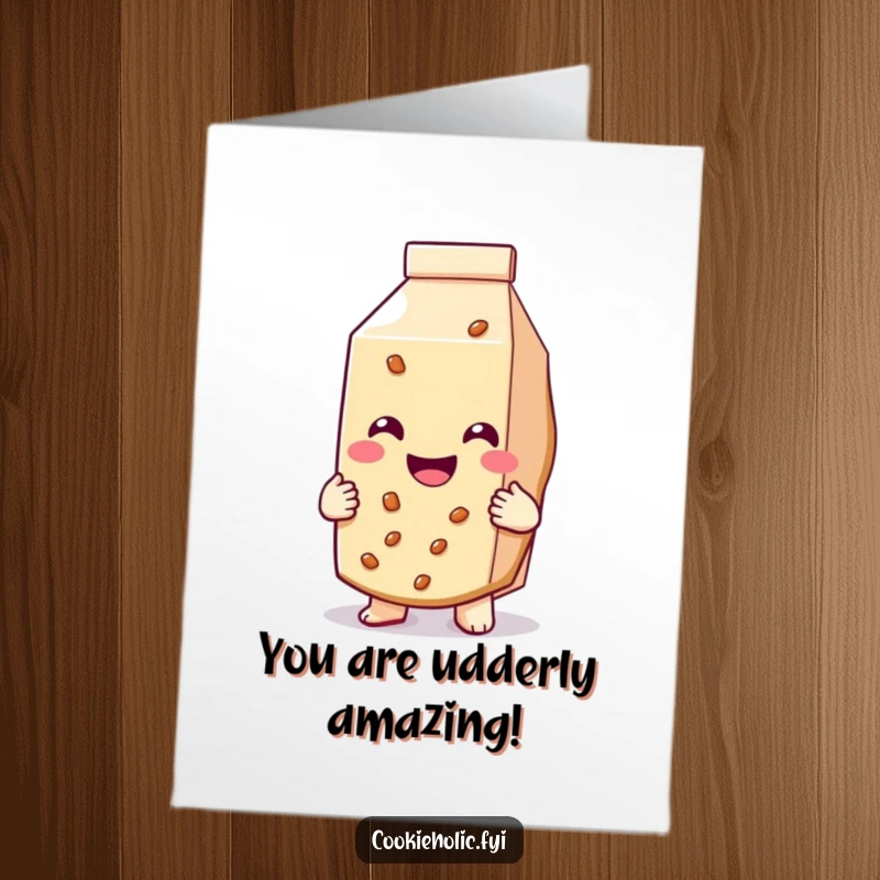 Funny free printable congratulations card features a cookie with a big smile hugging a milk carton, symbolizing happiness.