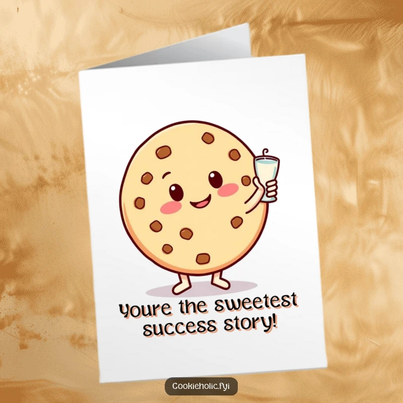 Funny Free Printable Congrats Card: Round, happy cookie character dances with milk glass, smiling. Sweet downloadable art.