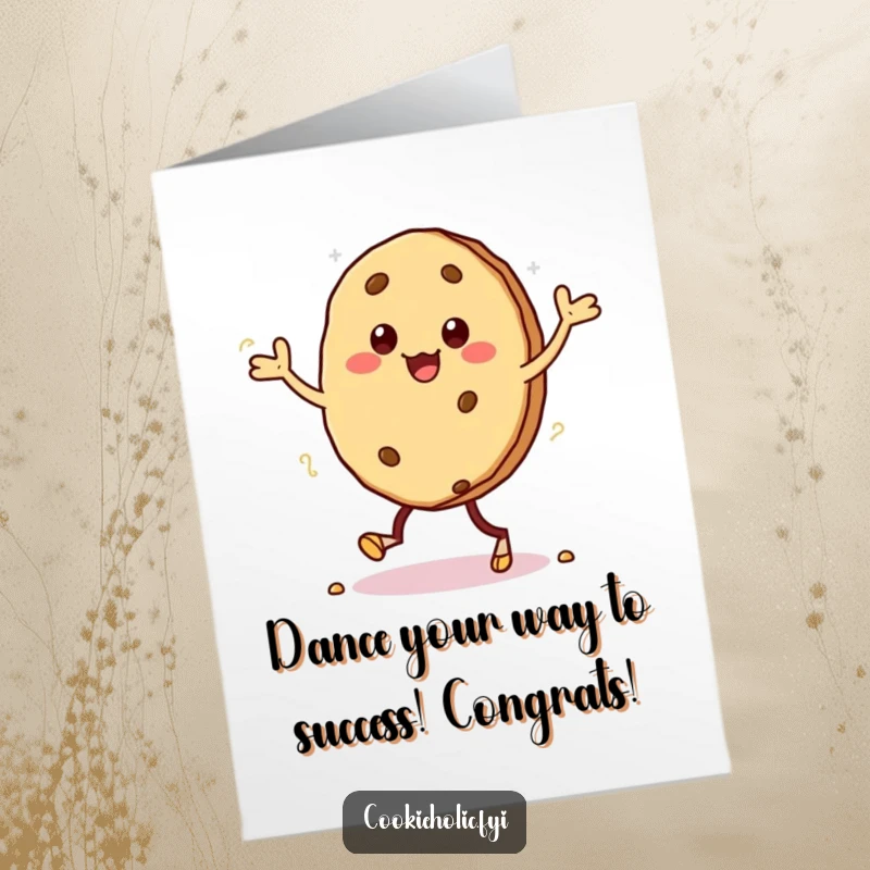 Funny Free Printable Congratulations Card: Kawaii cookie enthusiastically doing a jig, leaving a trail of crumbs.