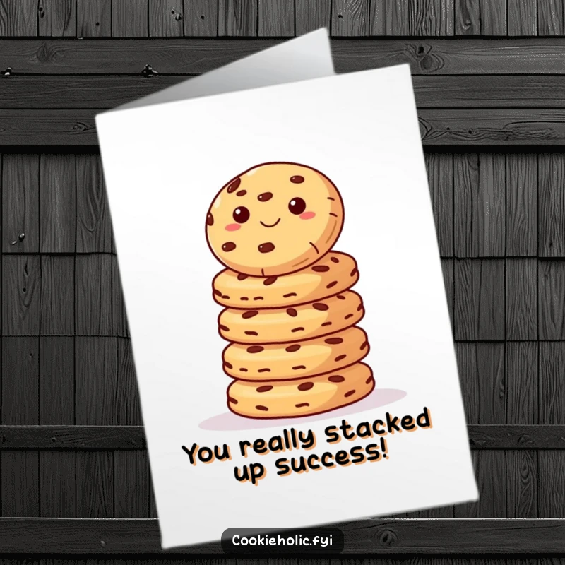 Free Printable Congratulations Card: A comical cookie balancing atop a large stack of cookies, signifying a sweet success.