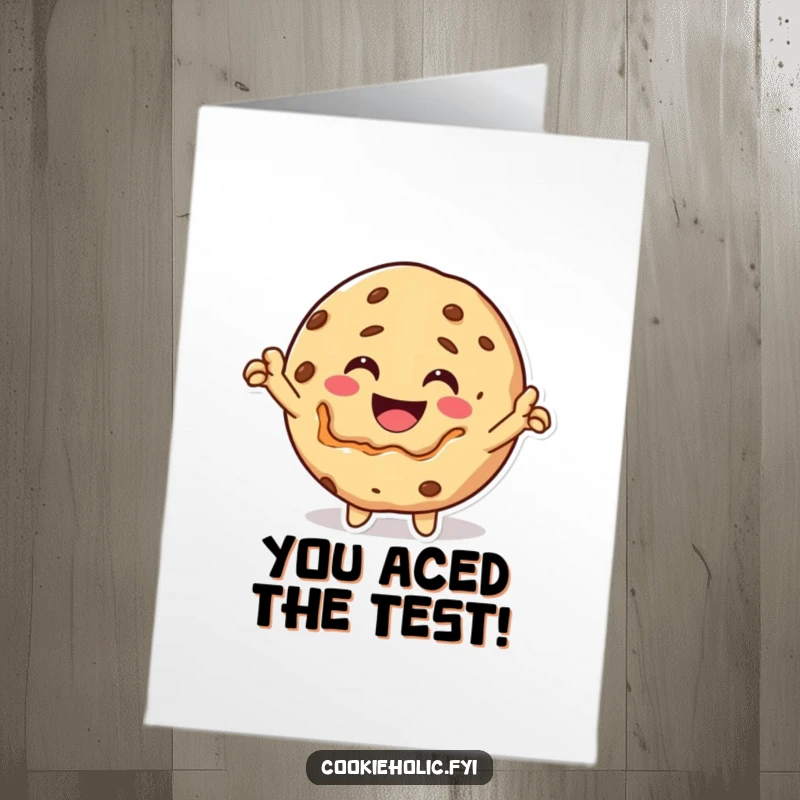 Funny Free Printable Congrats Card: A smiling Kawaii cookie character biting into itself with a look of pure victory.