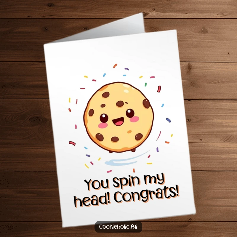 Funny Free Printable Congratulations Card of a cookie character spinning wildly with sprinkles flying everywhere, ready to print.