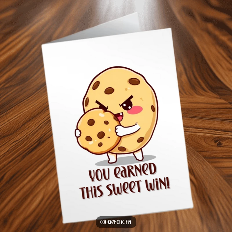 Funny Free Printable Congratulations Card: A cookie character with a naughty grin winks, presenting a freshly baked cookie.