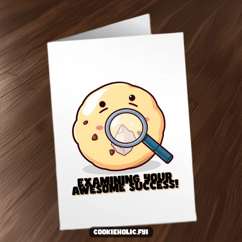 Funny Free Printable Congratulations Card with a cookie character examining a sugar crystal with a magnifying glass, appreciating detail.