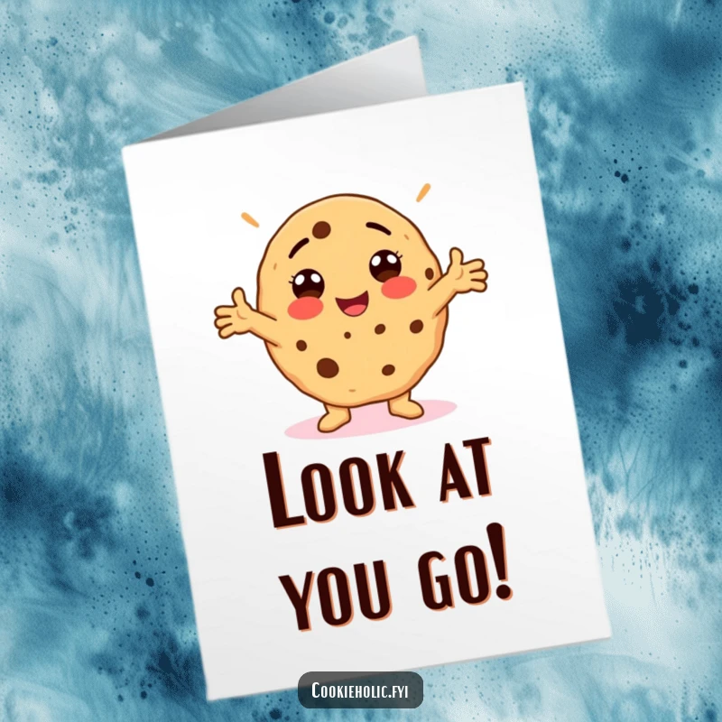 Funny Free Printable Congratulations Card showing a cookie striking a ridiculous pose with arms outstretched, ready to celebrate.