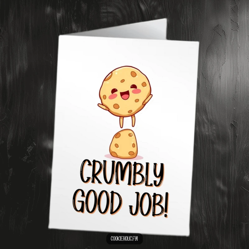 Funny Free Printable Cookie Congratulations Card showing a gleeful cookie character perfectly balanced, ready to celebrate big news.