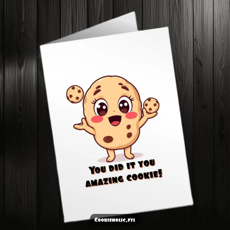 Funny Free Printable Congratulations Card: Energetic cookie character skillfully juggling small cookies, a delightful DIY celebration.