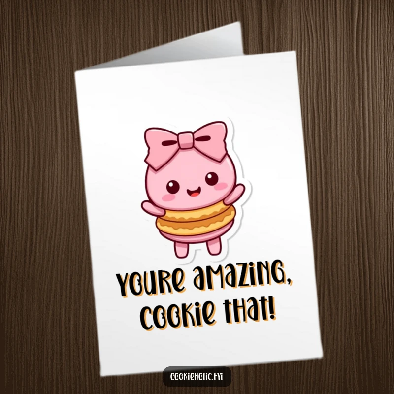 Funny Free Printable Congratulations Card: a cute Kawaii macaron character celebrates with stacked cookies.
