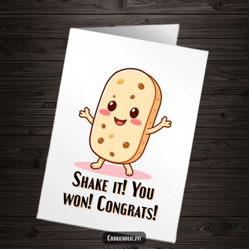 Funny Free Printable congratulations card showing a smiling Kawaii wafer cookie character doing a joyful little shimmy.