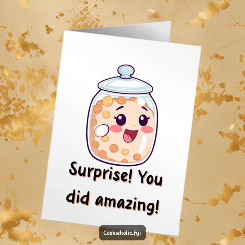 Funny Free Printable Congratulations Card: A delighted cookie jar character peeks out from its lid, ready to share joy.