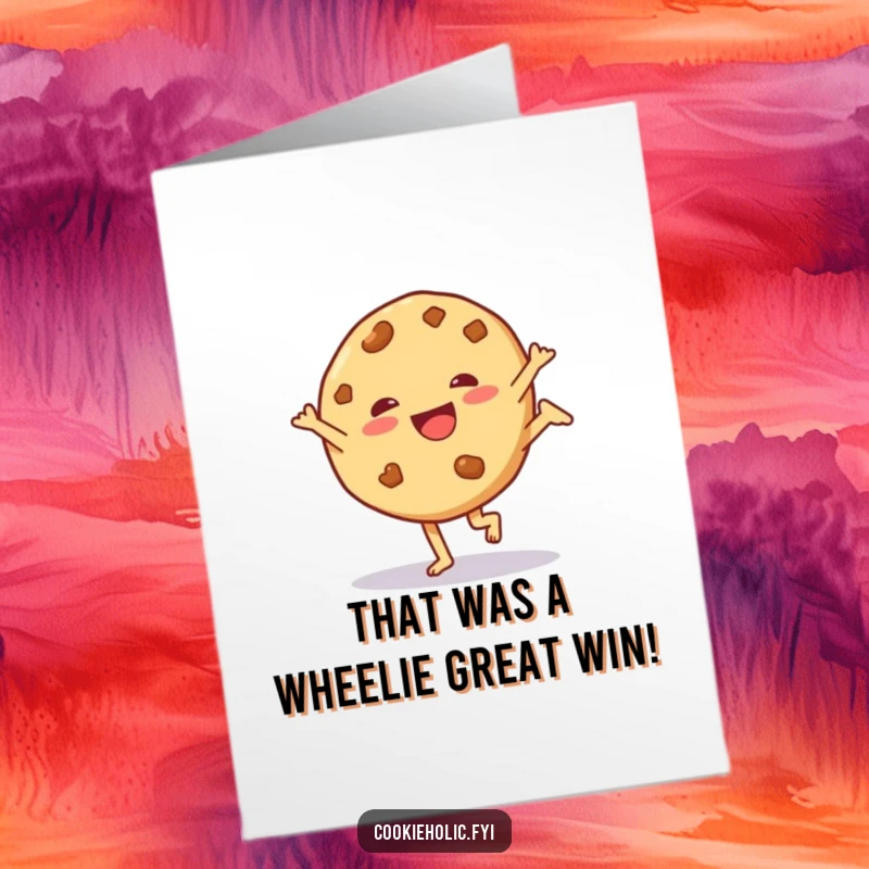 Funny free printable congratulations card featuring a cookie character doing a spirited cartwheel.