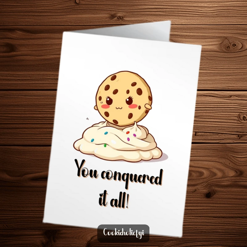 Funny Free Printable Congratulations Card depicting a cookie with a determined face jumping over a wave of sticky, oozy frosting.