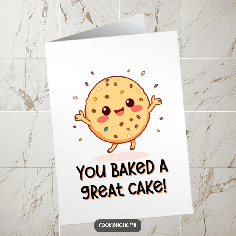 Funny Free Printable Congrats Card: Kawaii cookie character in a happy dance, surrounded by joyful crumbs and sprinkles.