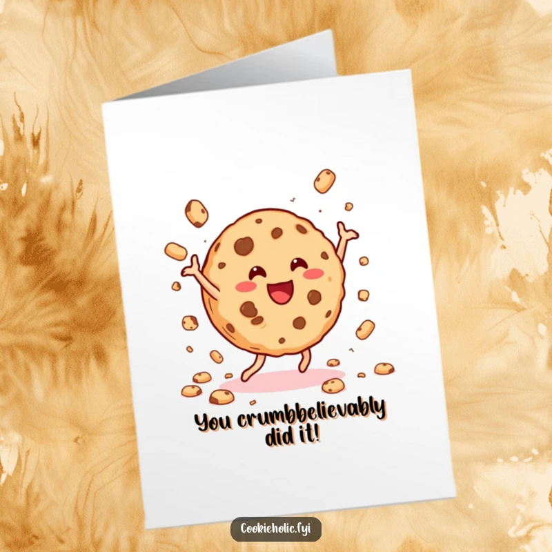 Funny Free Printable Congratulations Card: A cookie in mid-dance, scattering crumbs, celebrating a big win with pure joy.