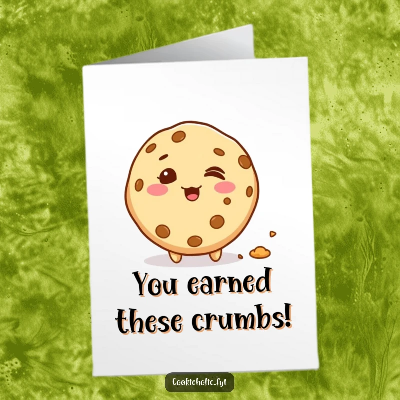 Funny Free Printable Congrats Card: A giggling kawaii cookie character with crumbs trailing behind, celebrating a sweet victory.