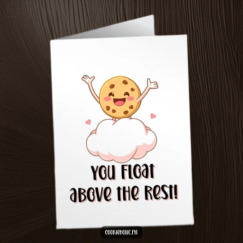 Funny Free Printable Congratulations Card: A cookie character joyfully bounces on a marshmallow cloud, arms wide in glee, DIY.