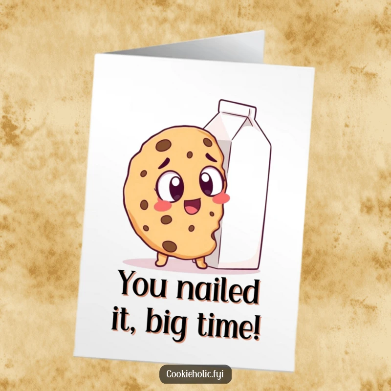 Free Printable Congratulations Card: A cookie with wide, amazed eyes fixated on a gigantic milk carton, symbolizing great aspirations.