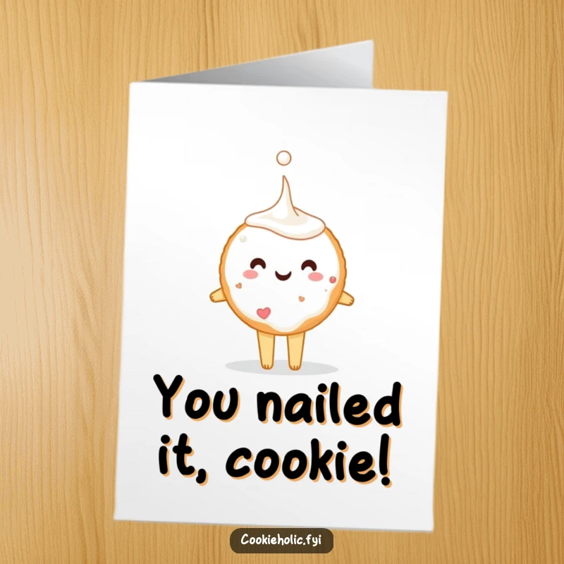 Funny Free Printable Congratulations Card: A cheerful sugar cookie tiptoes with a giant drop of milk, celebrating a big win.
