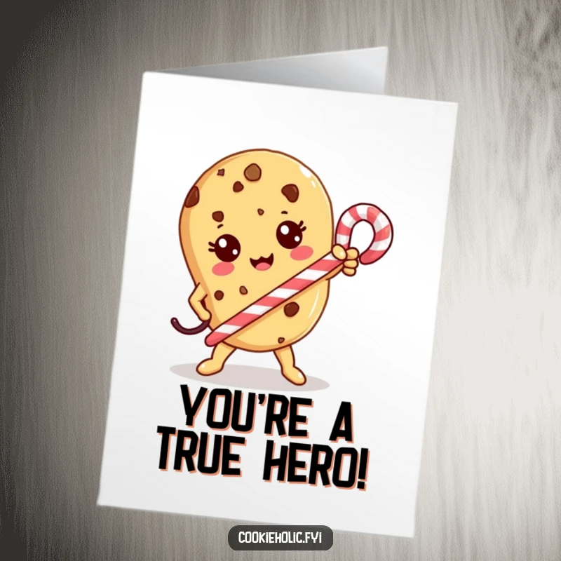Funny Free Printable Congrats Card: A Kawaii cookie warrior strikes a heroic pose, candy cane held high like a sword.