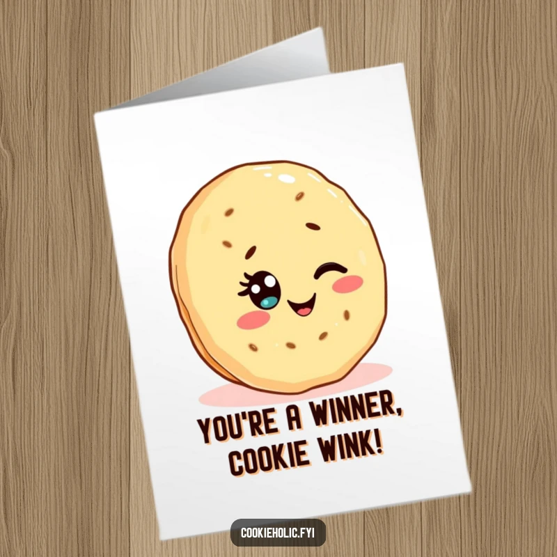 Funny Free Printable congratulations card featuring a Kawaii shortbread cookie winking with a colorful sprinkle as its eye.