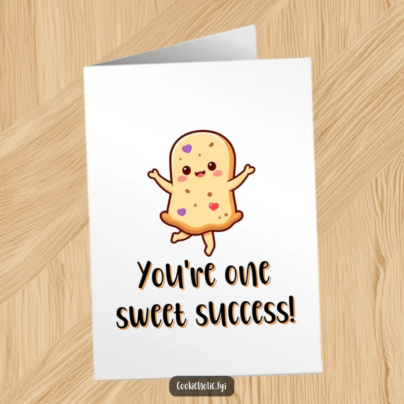 Funny Free Printable Congrats Card: Kawaii shortbread cookie character performing a graceful celebratory twirl, a sweet and charming design.
