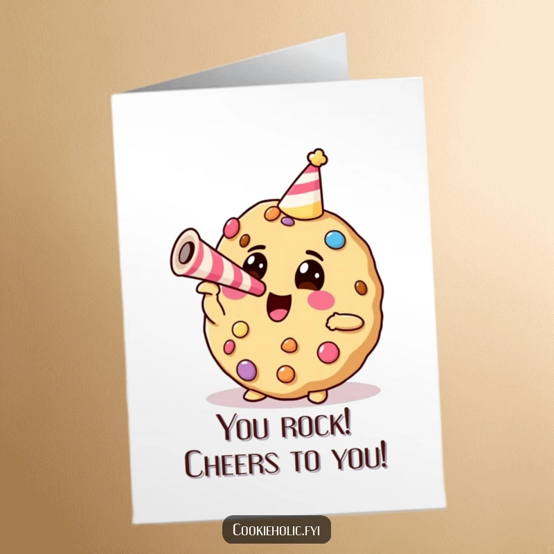 Free printable congratulations card with a happy cookie blowing a party horn, symbolizing enthusiastic celebration and success.