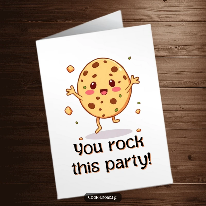 Funny Free Printable Congratulations Card: A cookie character does a silly jig with crumbs flying, celebrating success.