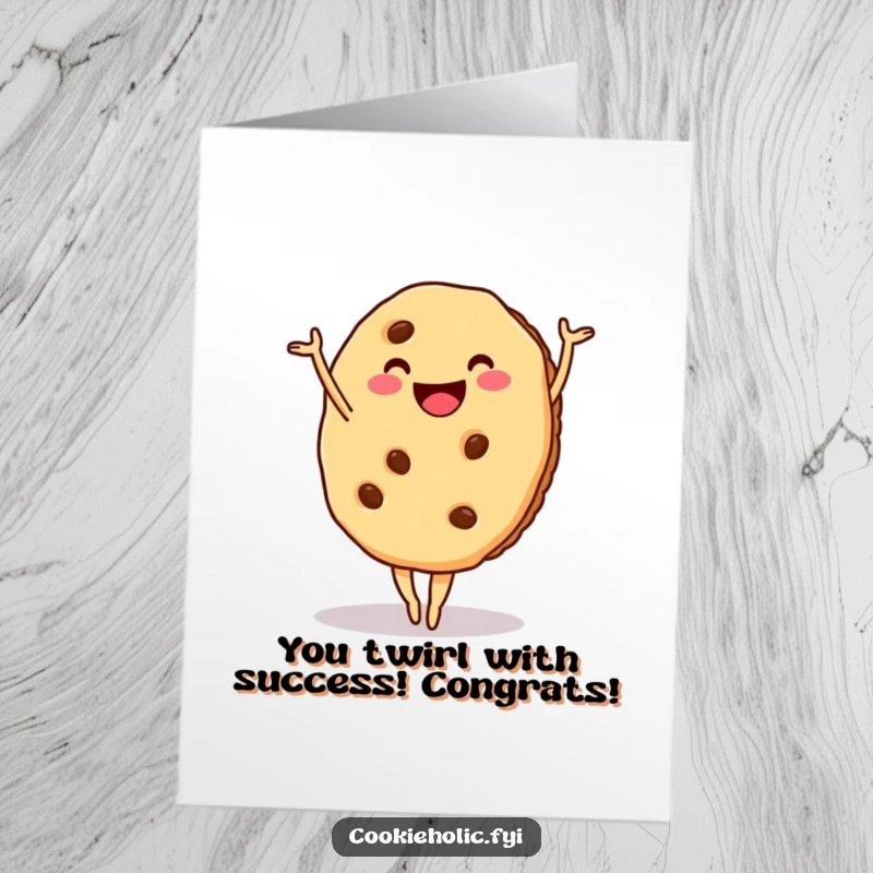 Funny Free Printable Congratulations Card: a cookie with a big smile striking a surprisingly graceful ballet pose.
