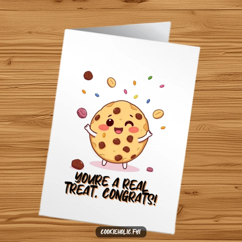 Funny Free Printable Congratulations Card: Giggling chocolate chip cookie expertly juggling miniature candy sprinkles, celebrating accomplishment