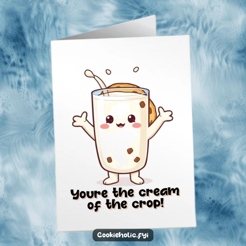 Funny Free Printable Congratulations Card: Cookie character embraces a giant glass of milk, celebrating achievement.
