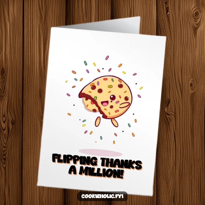 Funny Free Printable Thank You Card: A cookie performing a dynamic flip, with a vibrant explosion of sprinkles scattering in the air.