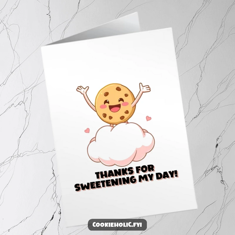 Funny Free Printable Thank You Card: A cookie character gleefully bounces on a soft marshmallow cloud, arms outstretched in happiness.