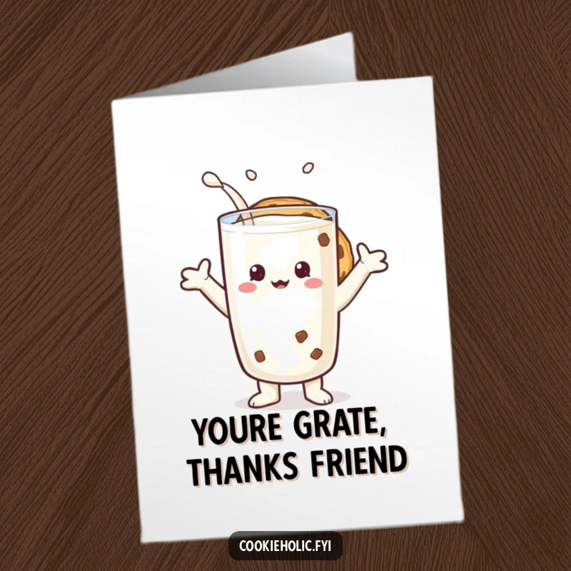 Funny Free Printable Thank You Card: Cookie character with arms outstretched hugs a giant glass of milk, saying thanks.