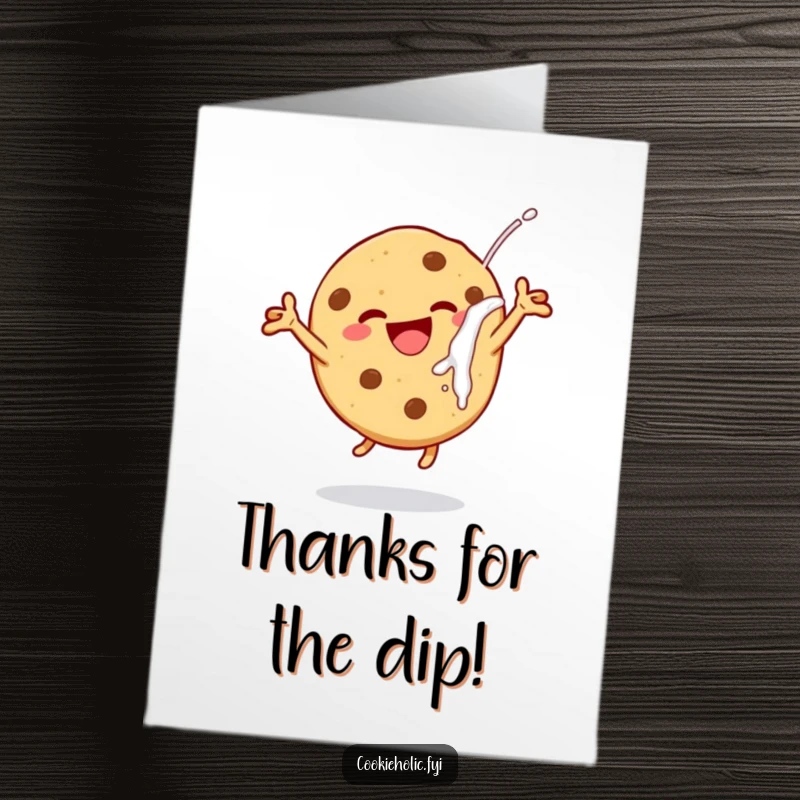 Funny Free Printable Thank You Card of a Cookie Joyfully Leaping After Dunking in Milk
