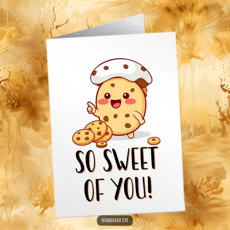 Funny free printable thank you card with a kawaii cookie character pointing happily towards a large cookie jar full of delicious cookies.
