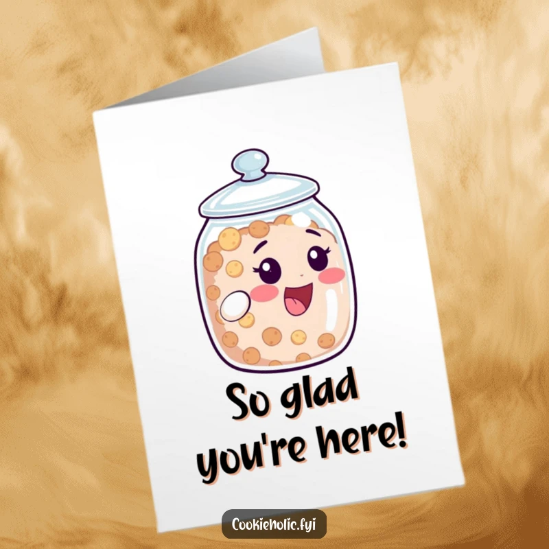 Funny Free Printable Thank You Card: Cookie jar character peeking out with a delighted expression, signaling happy thanks.