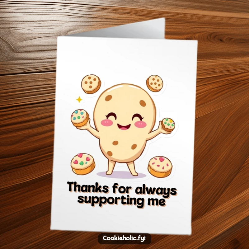 Funny Free Printable Thank You Card: Smiling cookie character juggling three smaller, decorated cookies, a thoughtful gift.