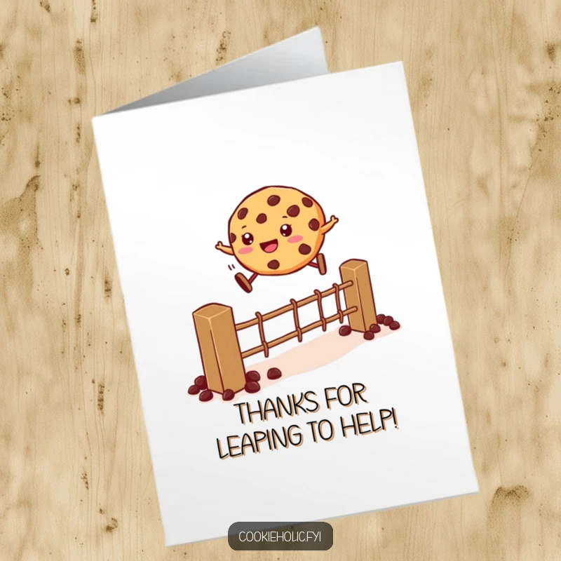 Funny Free Printable Thank You Card: A cookie energetically jumping over a fence built from chocolate chips, showing energetic thanks.