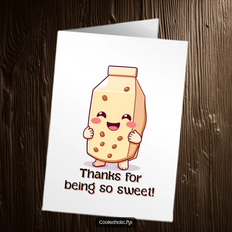 Funny free printable thank you card with a smiling cookie embracing a milk carton, expressing gratitude.