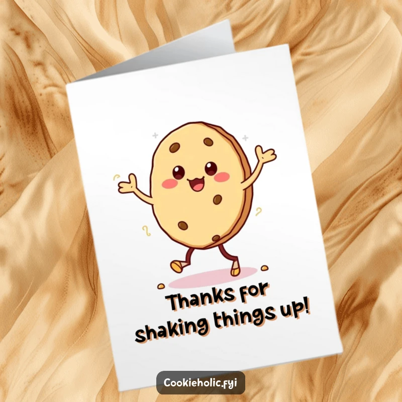 Funny Free Printable Thank You Card: Kawaii cookie performing a happy dance, leaving crumbly footprints.