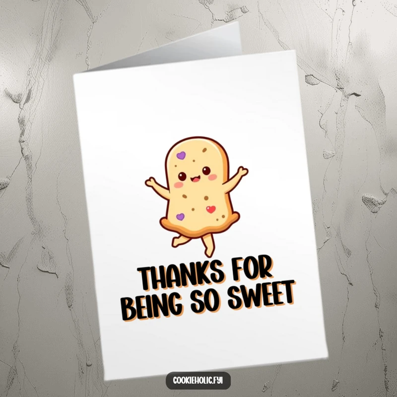 Funny Free Printable Thank You Card: Kawaii shortbread cookie character doing a sweet little twirl, expressing cheerful gratitude.