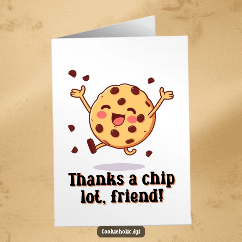 Funny free printable thank you card capturing a cookie with chocolate chips in a joyful leap, conveying thanks.
