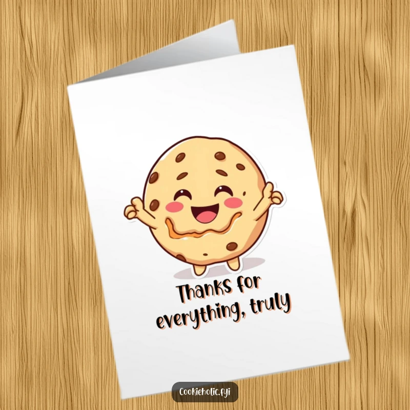 Funny Free Printable Thank You Card: A happy Kawaii cookie character taking a big, triumphant bite out of its own cookie form.
