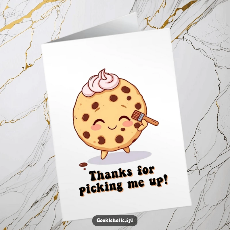 Funny Free Printable Thank You Card: Cookie Character Smiling, Brushing Off Frosting, Sending Sweet Thanks