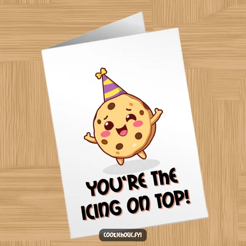 Funny Free Printable Thank You Card: Cookie Character in Party Hat Spinning with Joyful Appreciation
