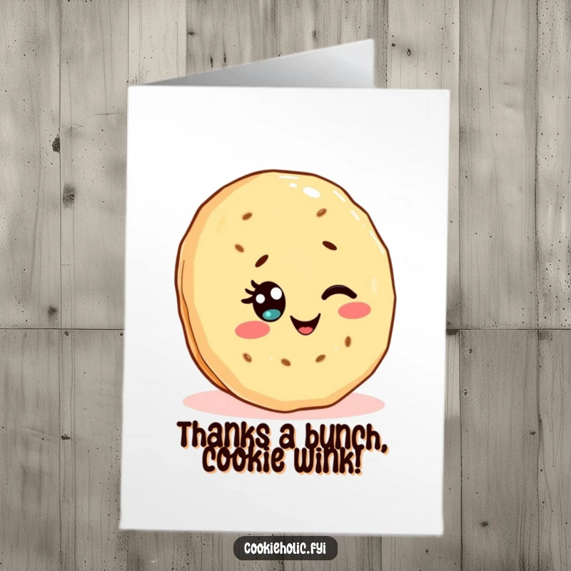 Funny Free Printable thank you card with a cute Kawaii shortbread cookie character giving a playful wink.