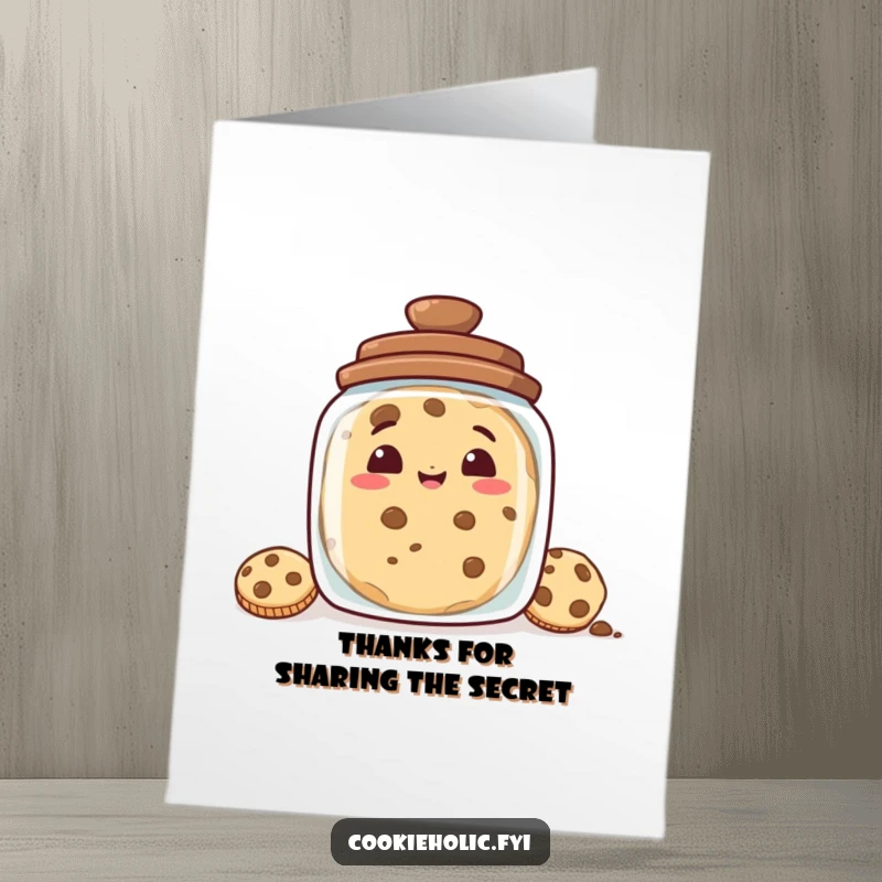 Funny Free Printable Thank You Card showing a cookie peeking from a cookie jar with a mischievous grin, perfect for a laugh.