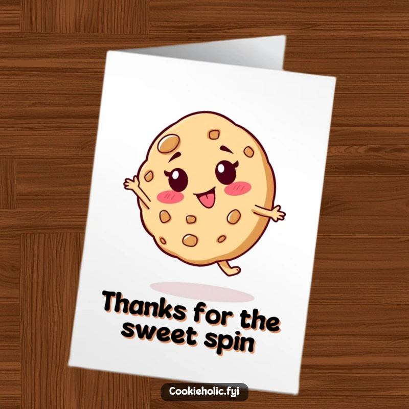 Funny Free Printable Thank You Card depicting a cookie character with a goofy face spinning around joyfully, full of fun.